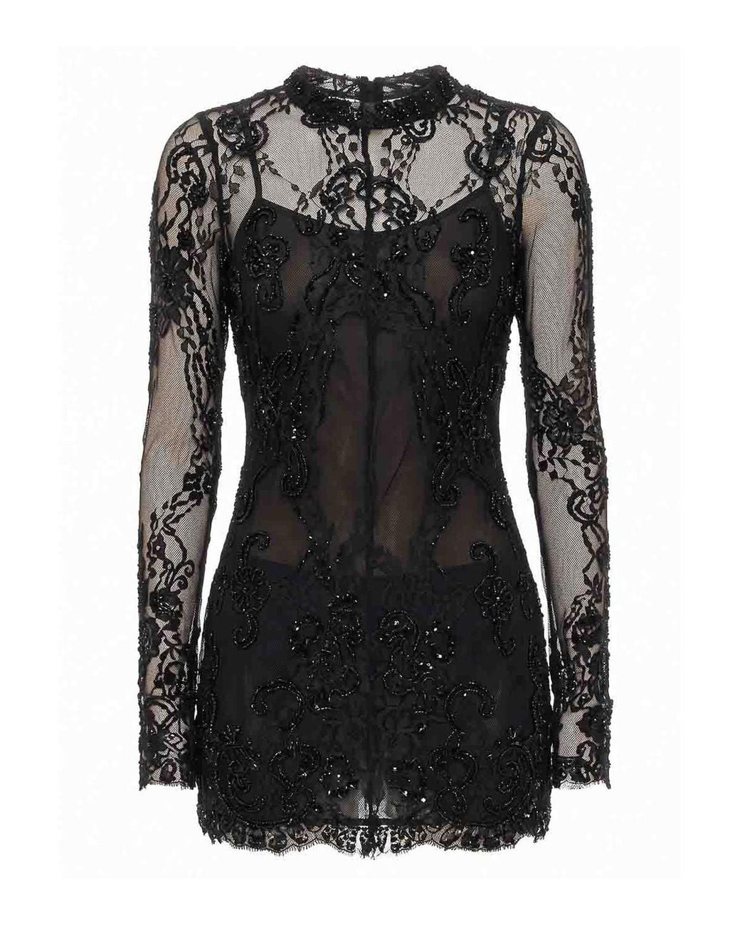 Blumarine Black Short Lace Dress With Embroidery