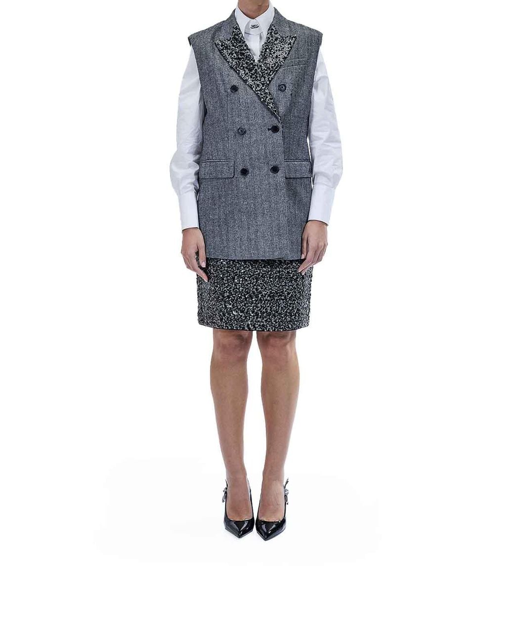 Karl Lagerfeld Gray Embellished Lapel Tweed Gilet
