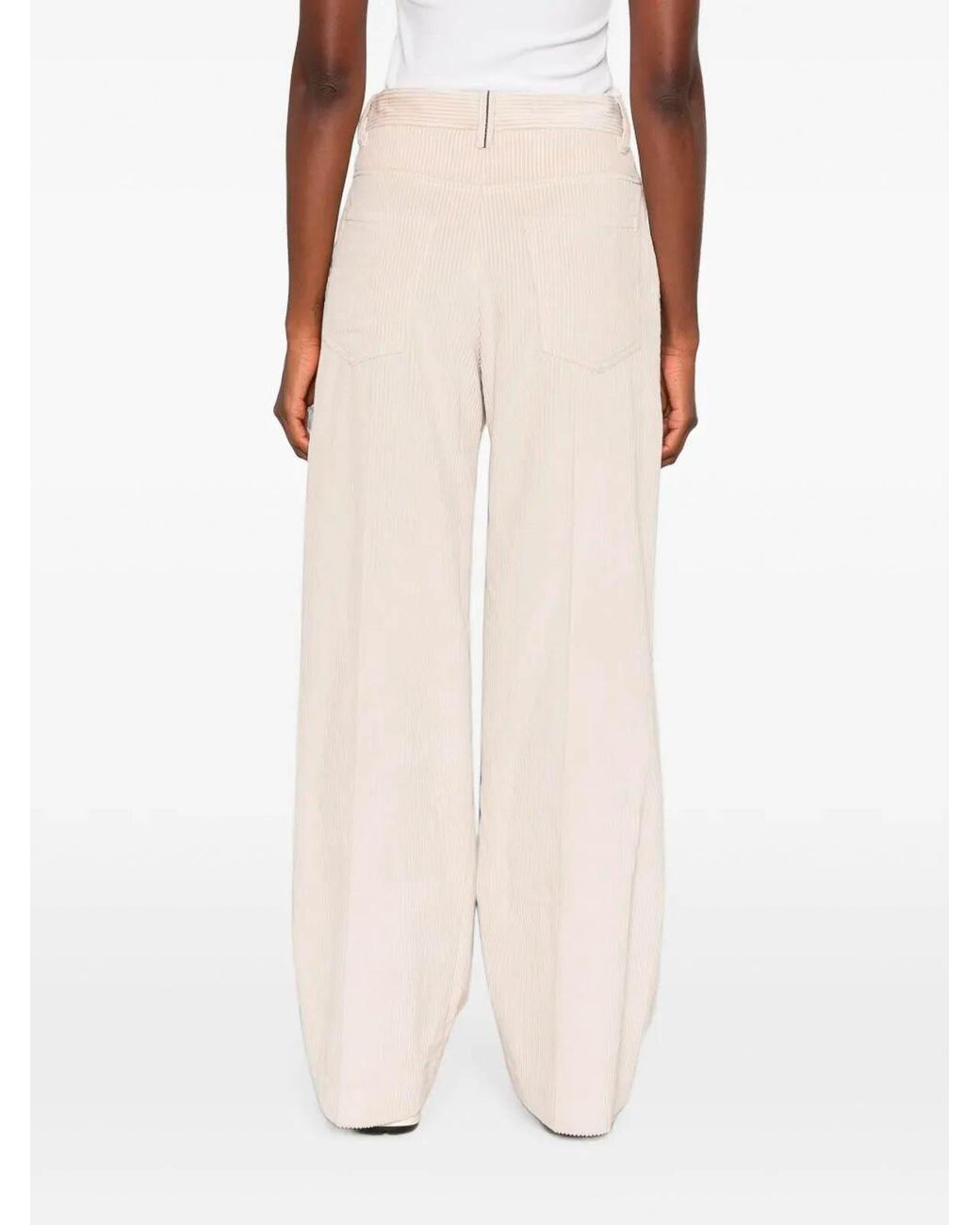 Brunello Cucinelli White Corduroy Loose Pants With Monili