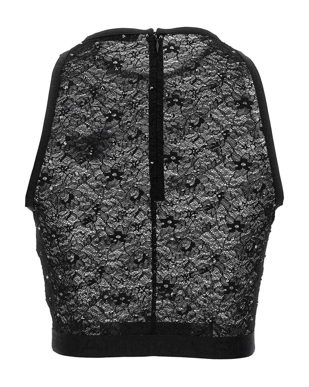 Alessandra Rich Black Rhinestone Appliqué Lace Top With Crew Neck