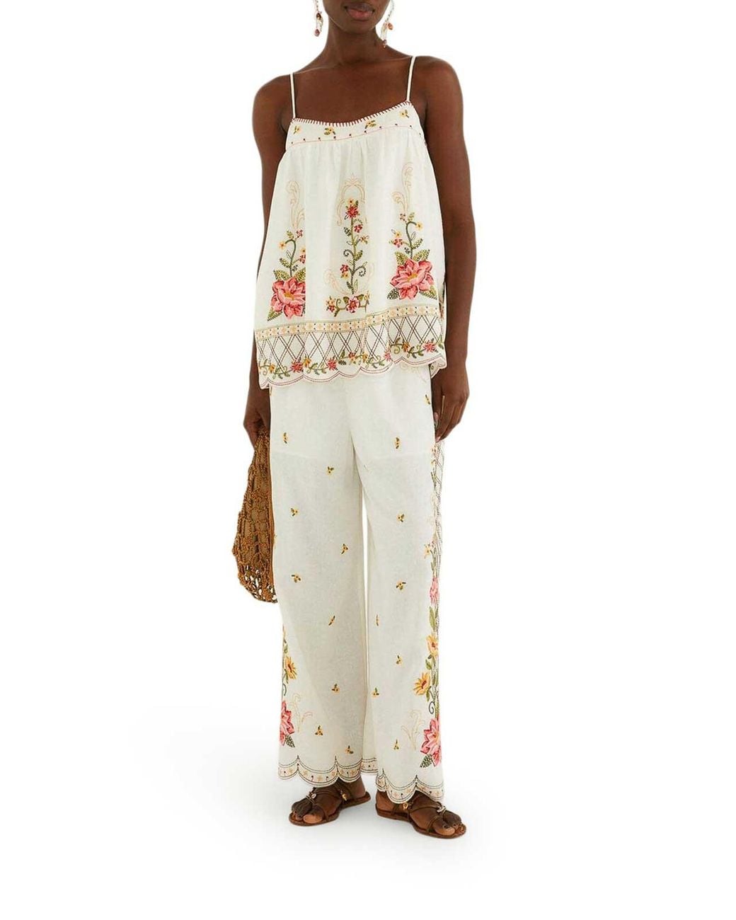 Farm Rio White Palazzo Trousers With Floral Embroidery