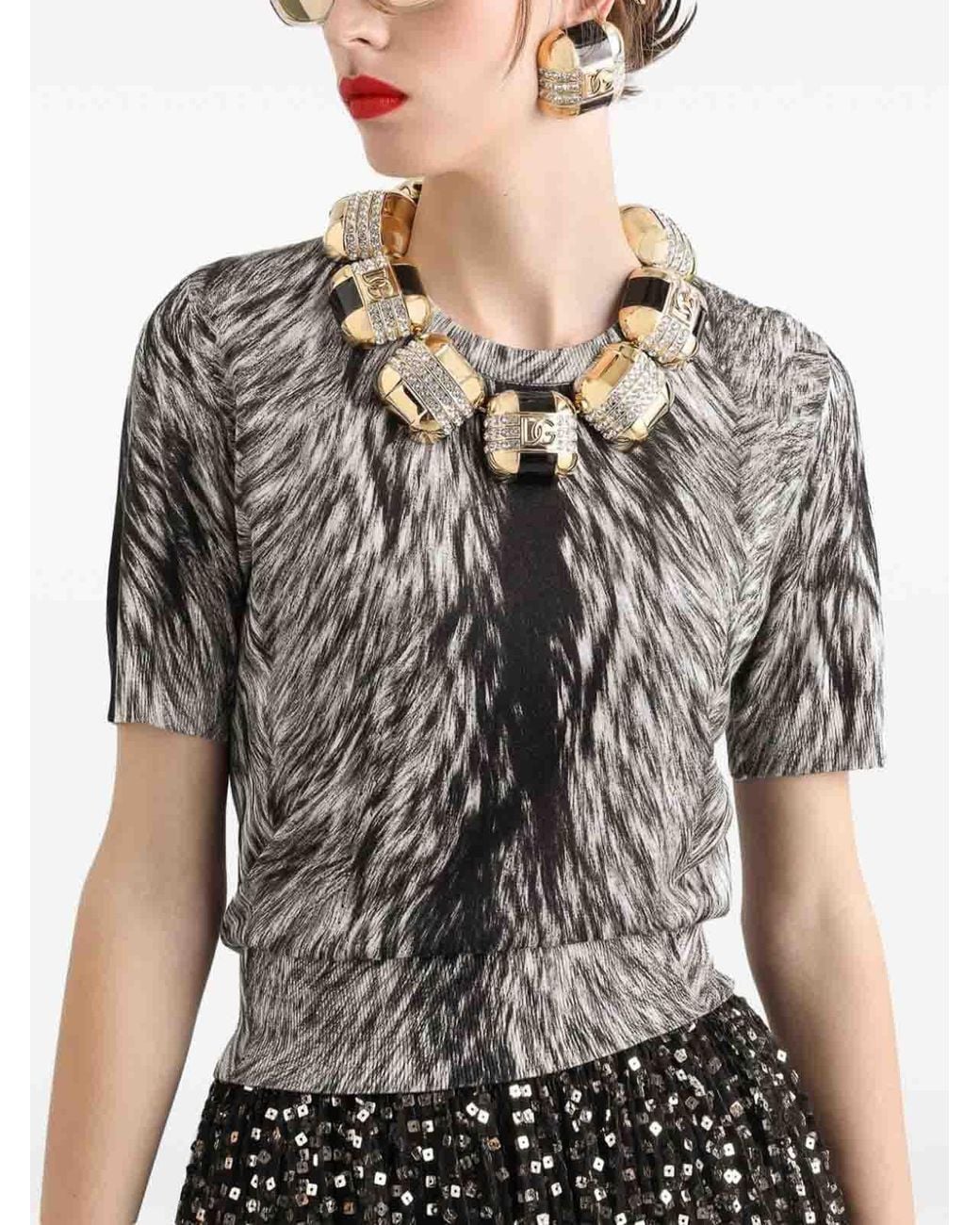 Dolce & Gabbana Gray Fur Print Silk Sweater