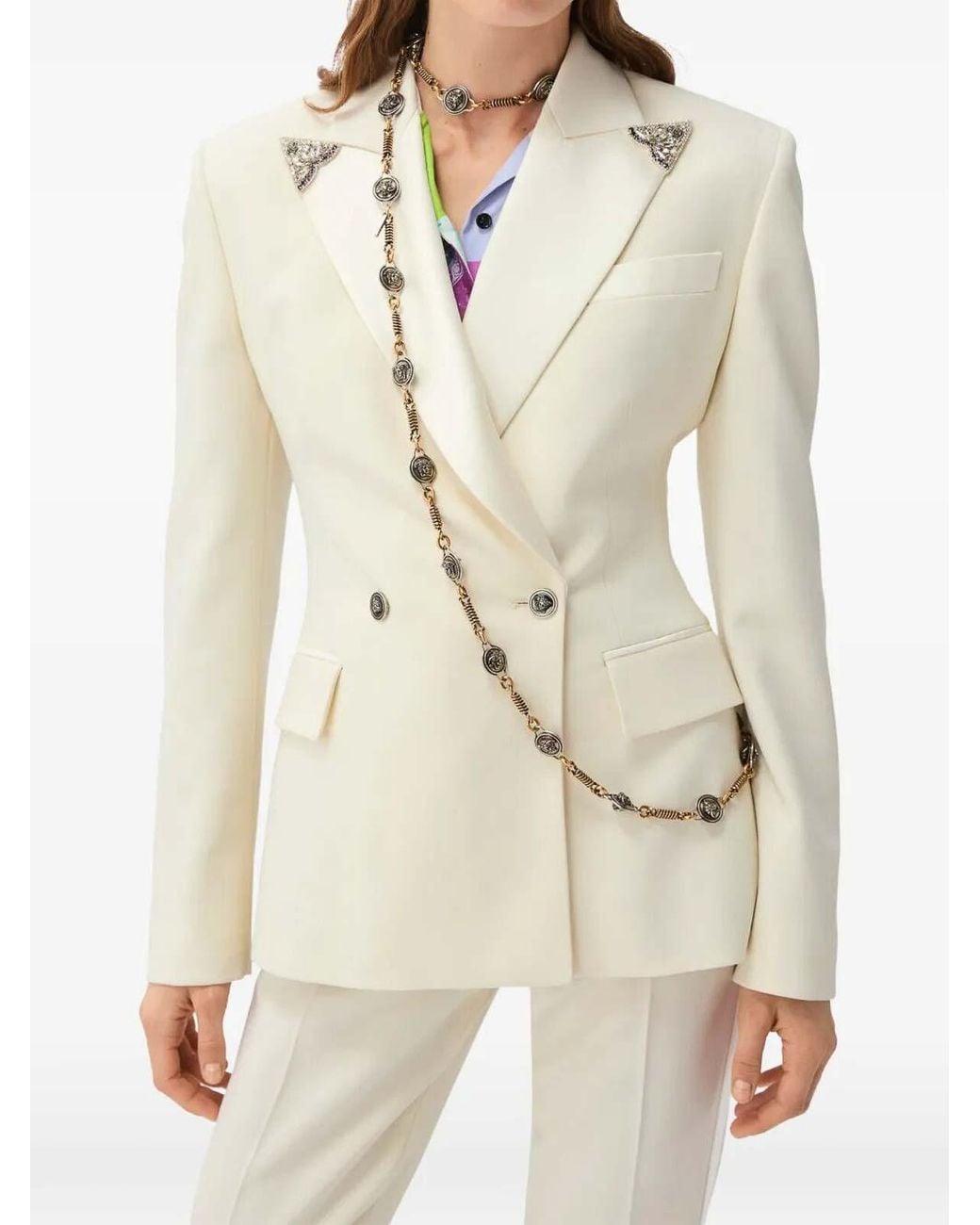 Versace Natural Embroidered Stretch Wool Blazer