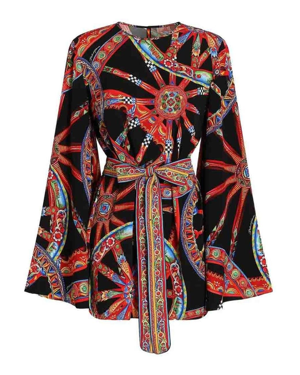 Dolce & Gabbana Red Silk Printed Long-Sleeve Mini Dress