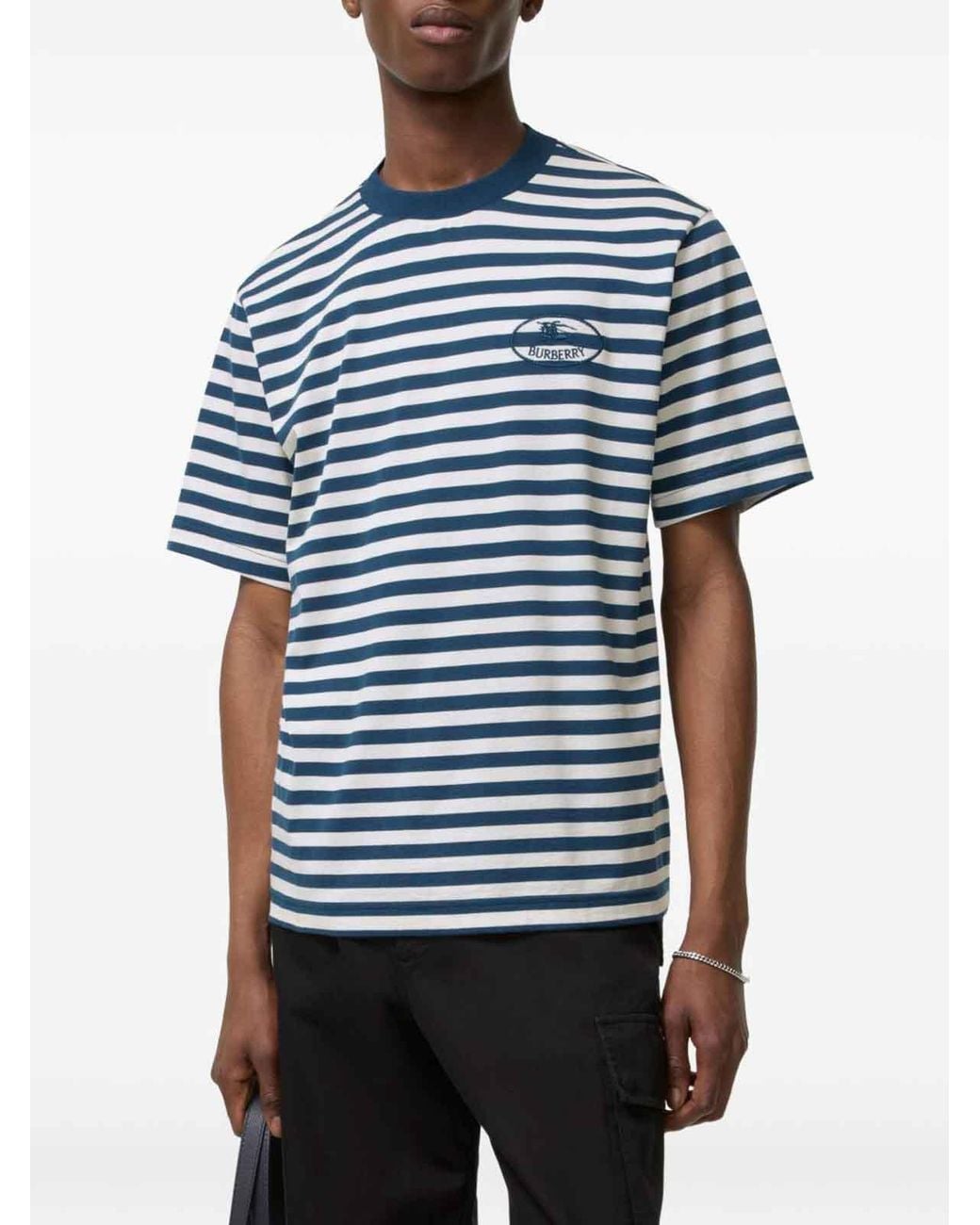 Burberry Blue Striped Cotton T-Shirt With Knight for men