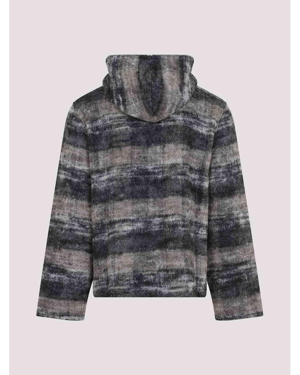 Our Legacy Gray Fuzzy Knit Stripe Zip-Up Hoodie for men