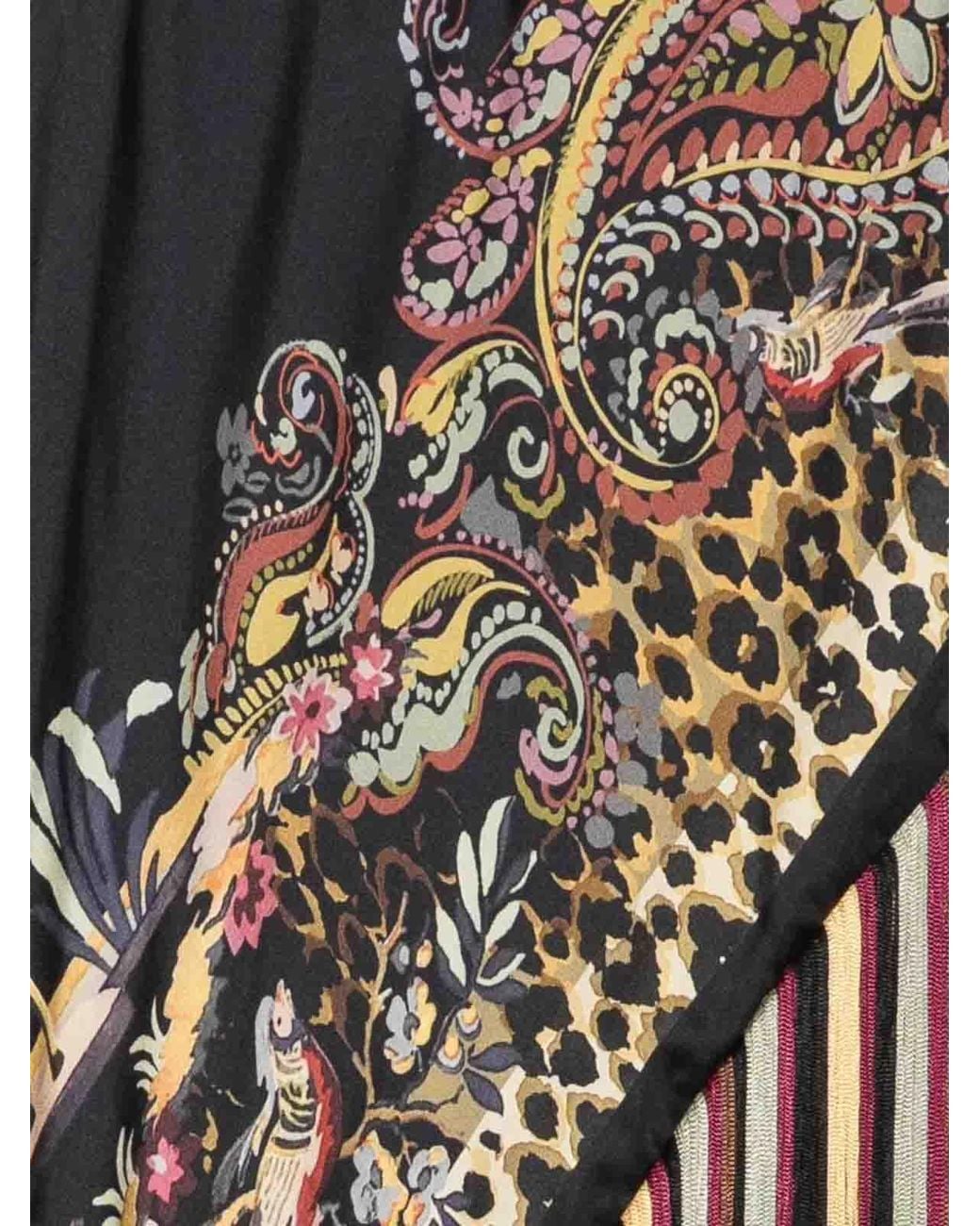 Etro Black Écharpe À Franges, Motif Cachemire Et Imprimé Léopard