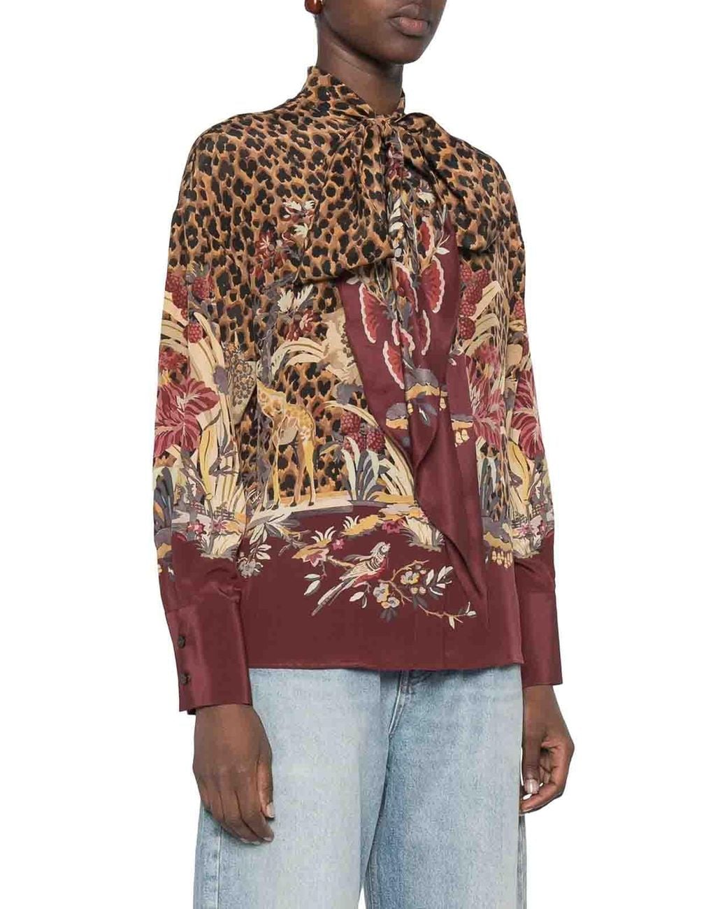 Etro Brown Animal And Floral Printed Shirt With Neck Bow
