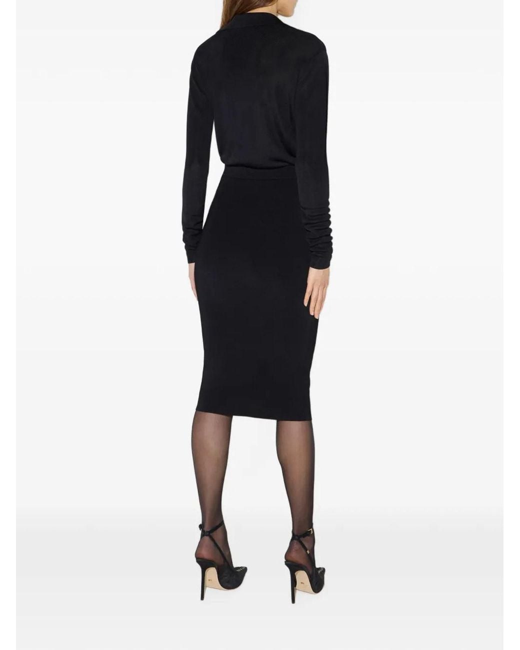 Elisabetta Franchi Black Viscose V-Neck Long-Sleeve Midi Dress