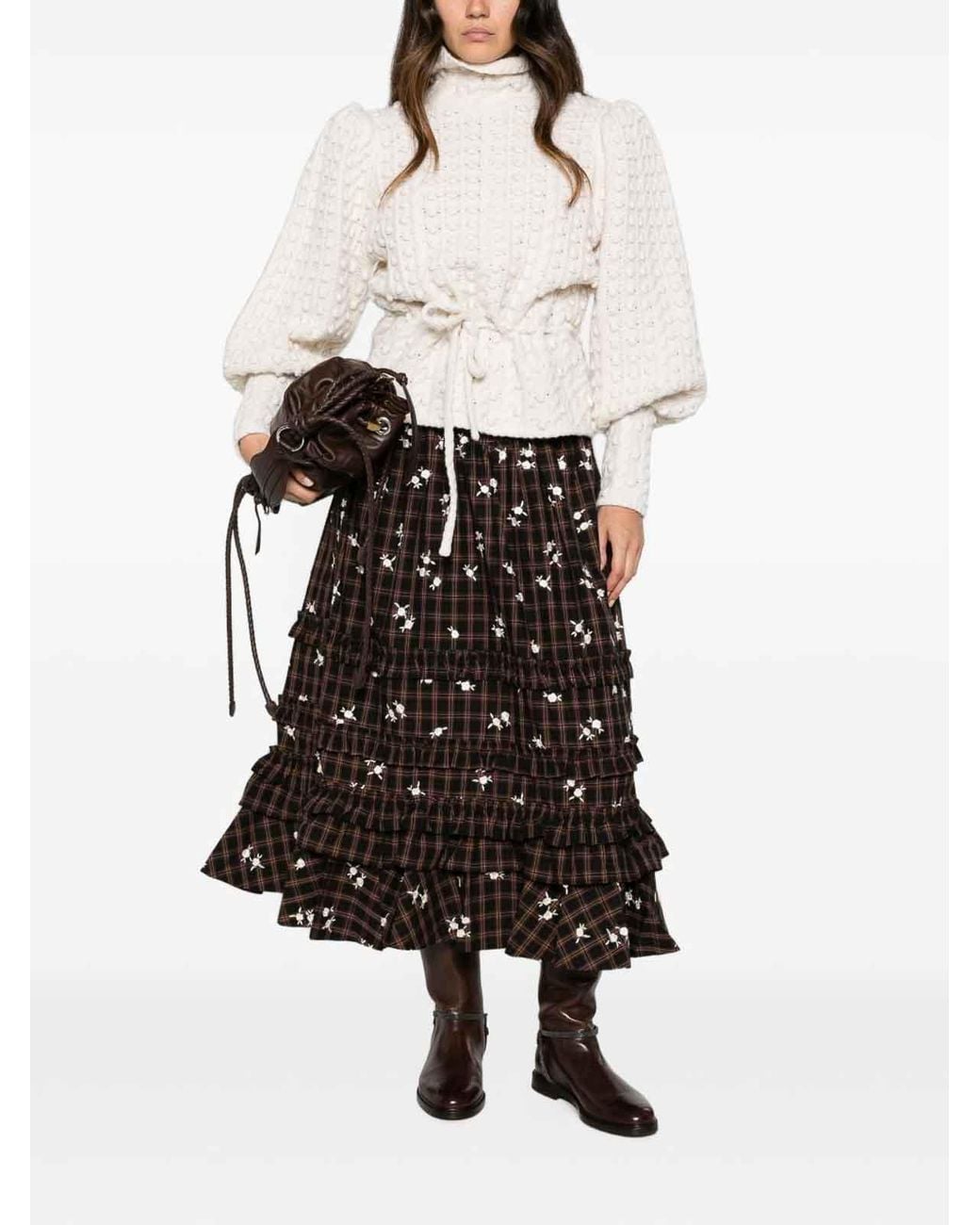 Ganni Black Checked Midi Skirt With Floral Embroidery