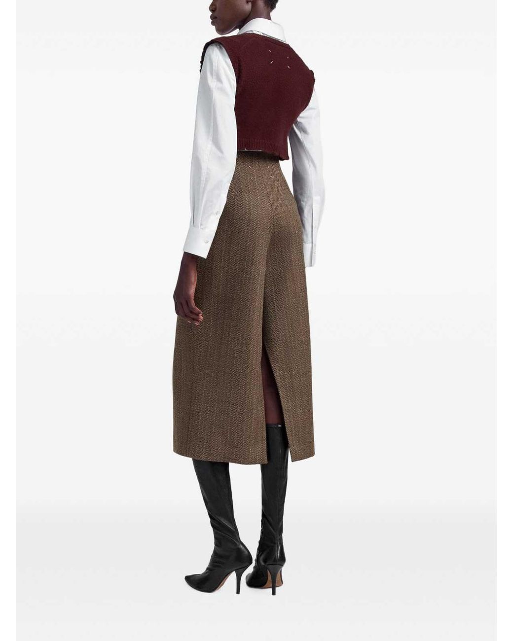 Maison Margiela Brown Herringbone Virgin Wool Midi Pant Skirt