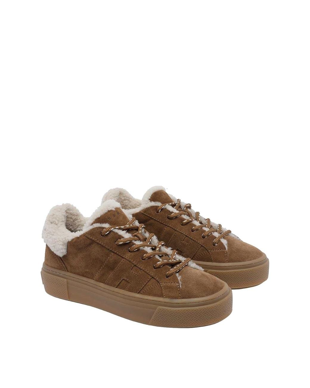 Hogan Brown Crosswind Bicolour Suede And Shearling Low-Top Trainers With H Logo