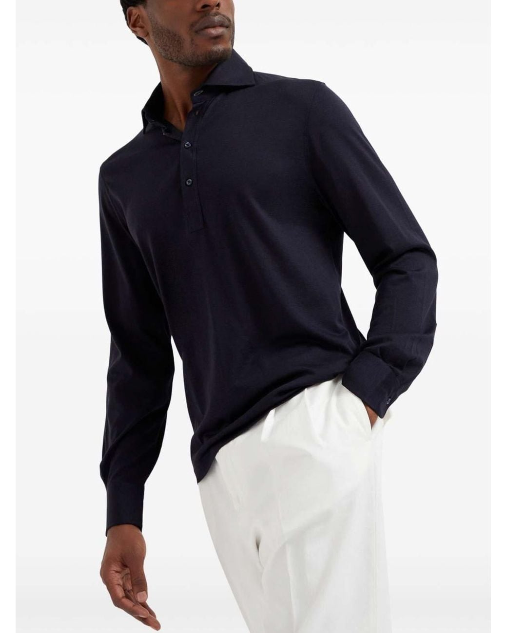 Brunello Cucinelli Blue Long Sleeve Polo With Shirt-Style Collar for men