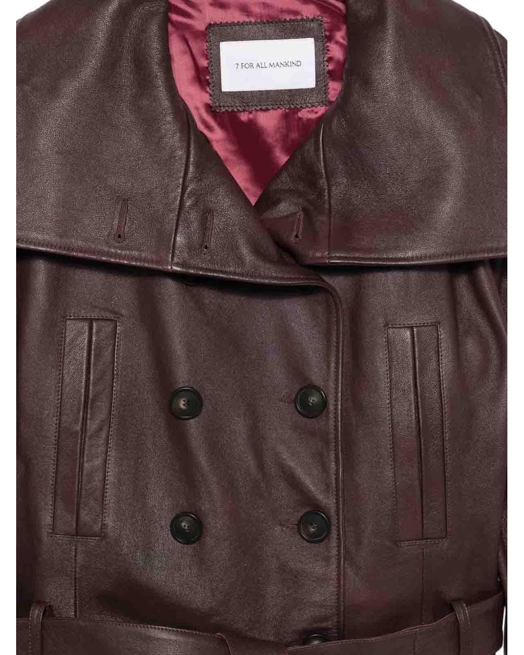 7 For All Mankind Brown Cropped Double-Breasted Leather Trench Coat
