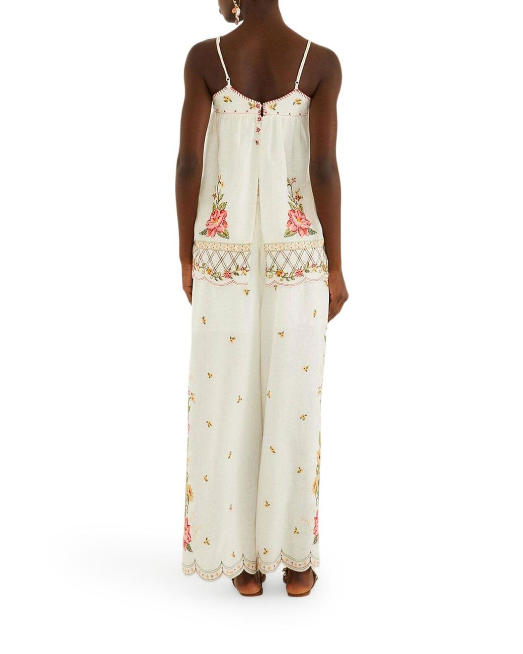 Farm Rio White Palazzo Trousers With Floral Embroidery