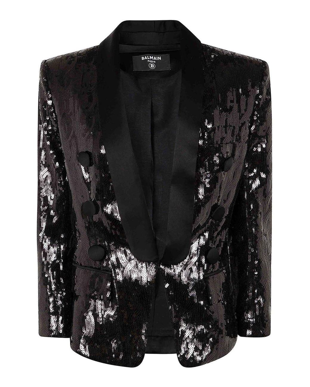 Balmain Black V-Neck Glitter Satin Tailored Jkt