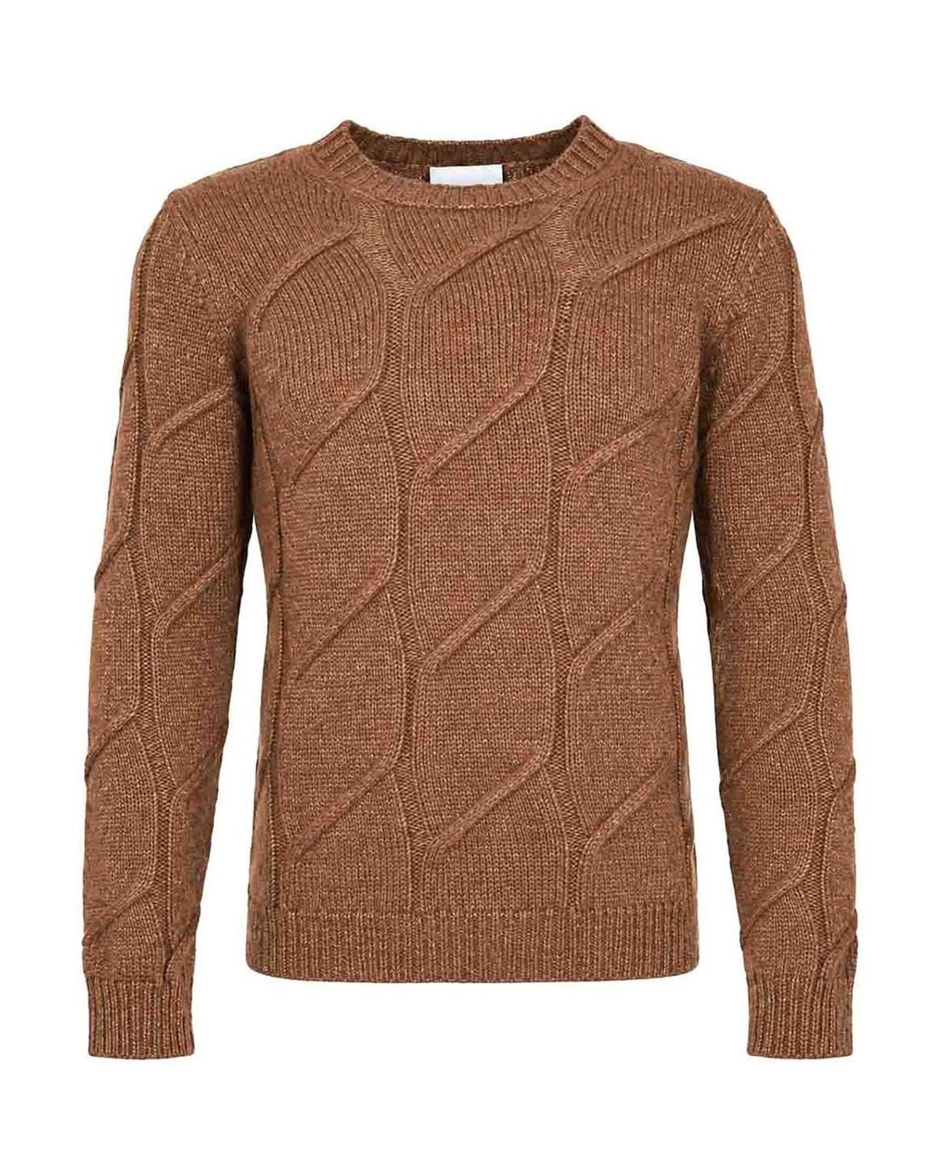 Alpha Studio Brown Aran Crew Neck Sweater for men