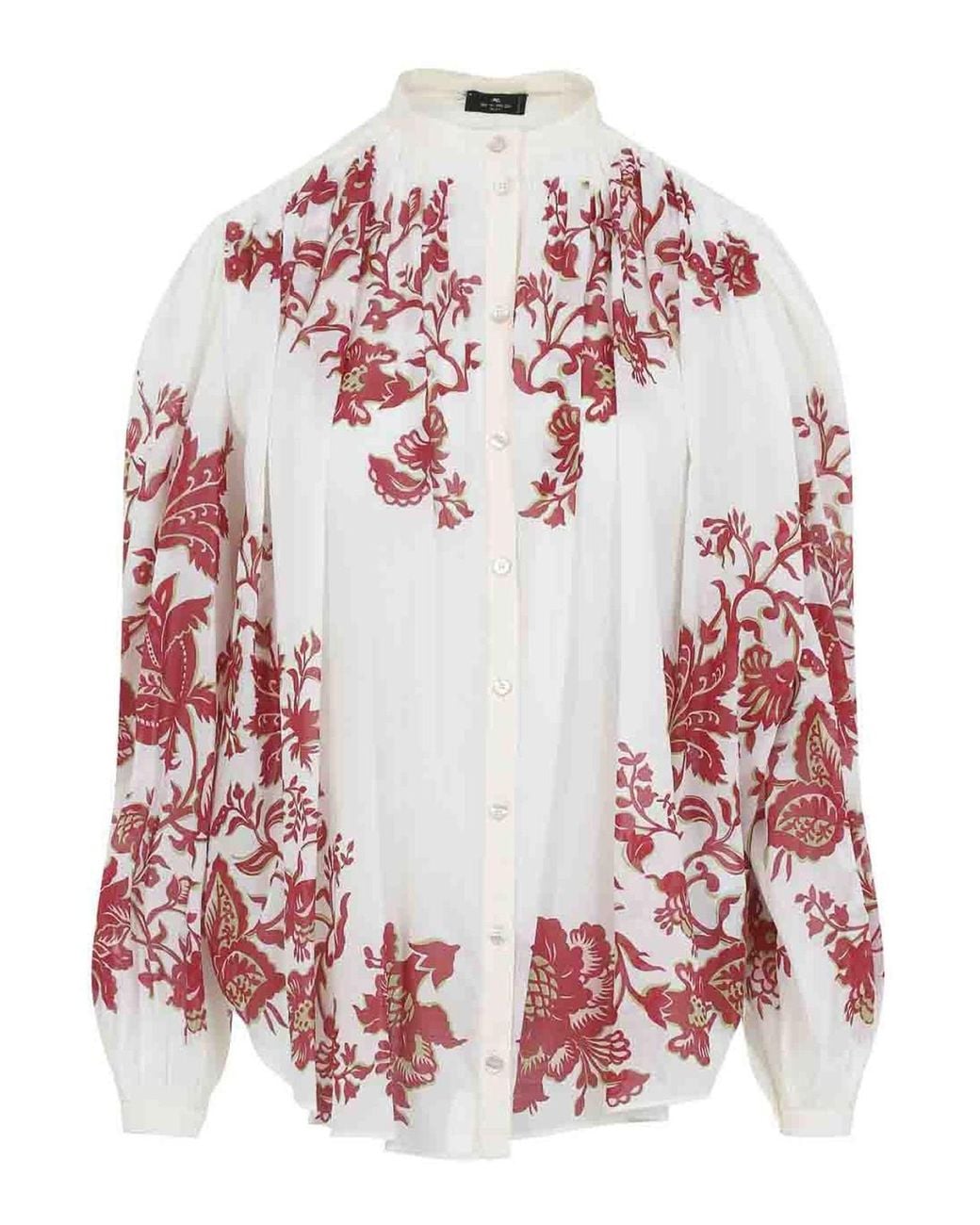 Etro Red Pleates Band Collar Shirt