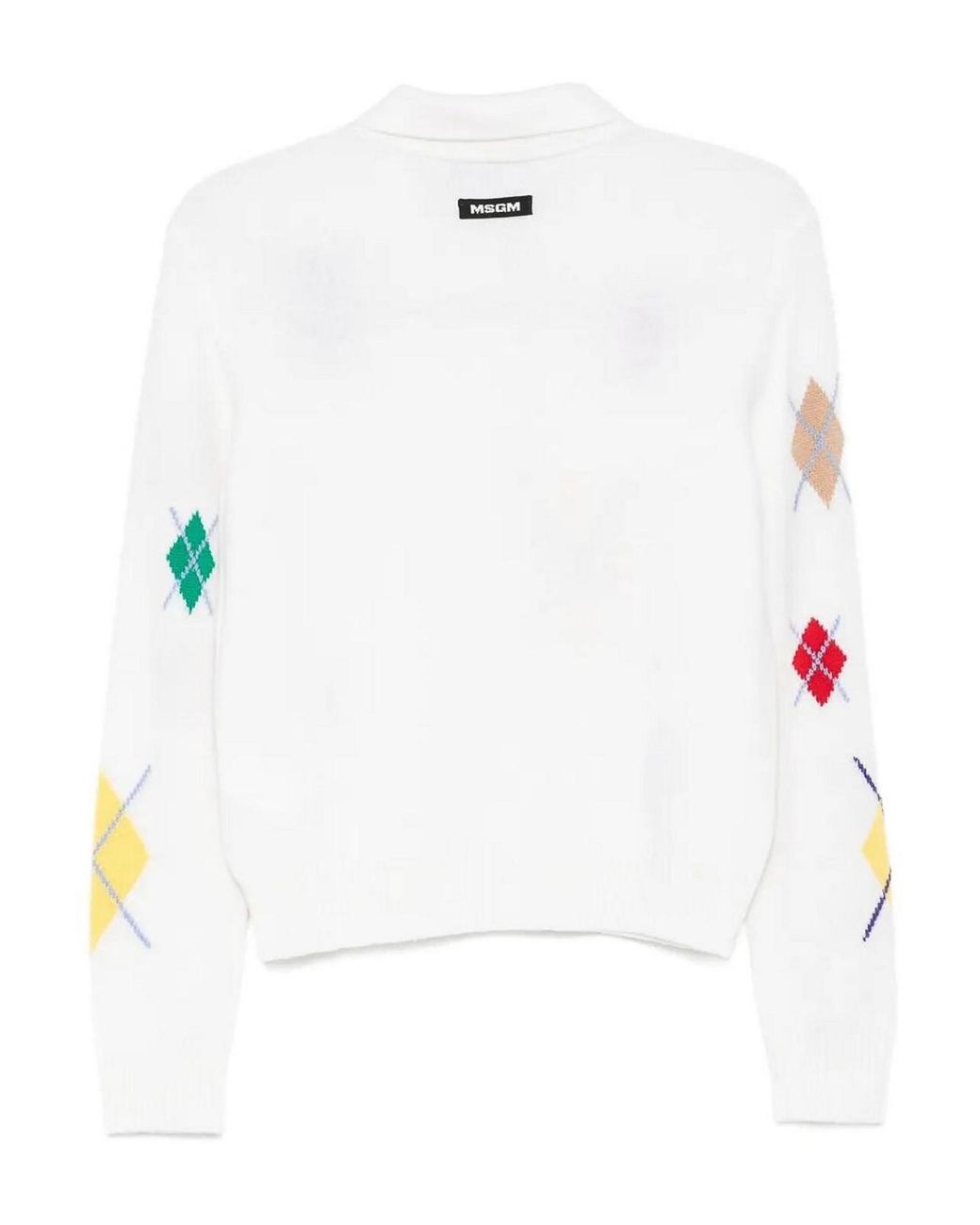 MSGM White Cropped Sweater With Colorful Argyle Patterns And Classic Collar