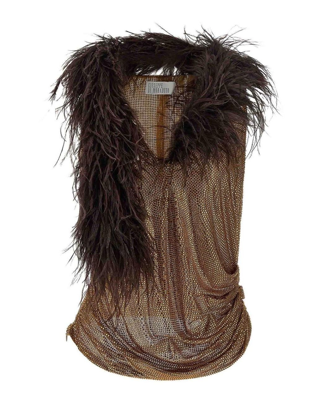 GIUSEPPE DI MORABITO Brown Mesh And Feather Top