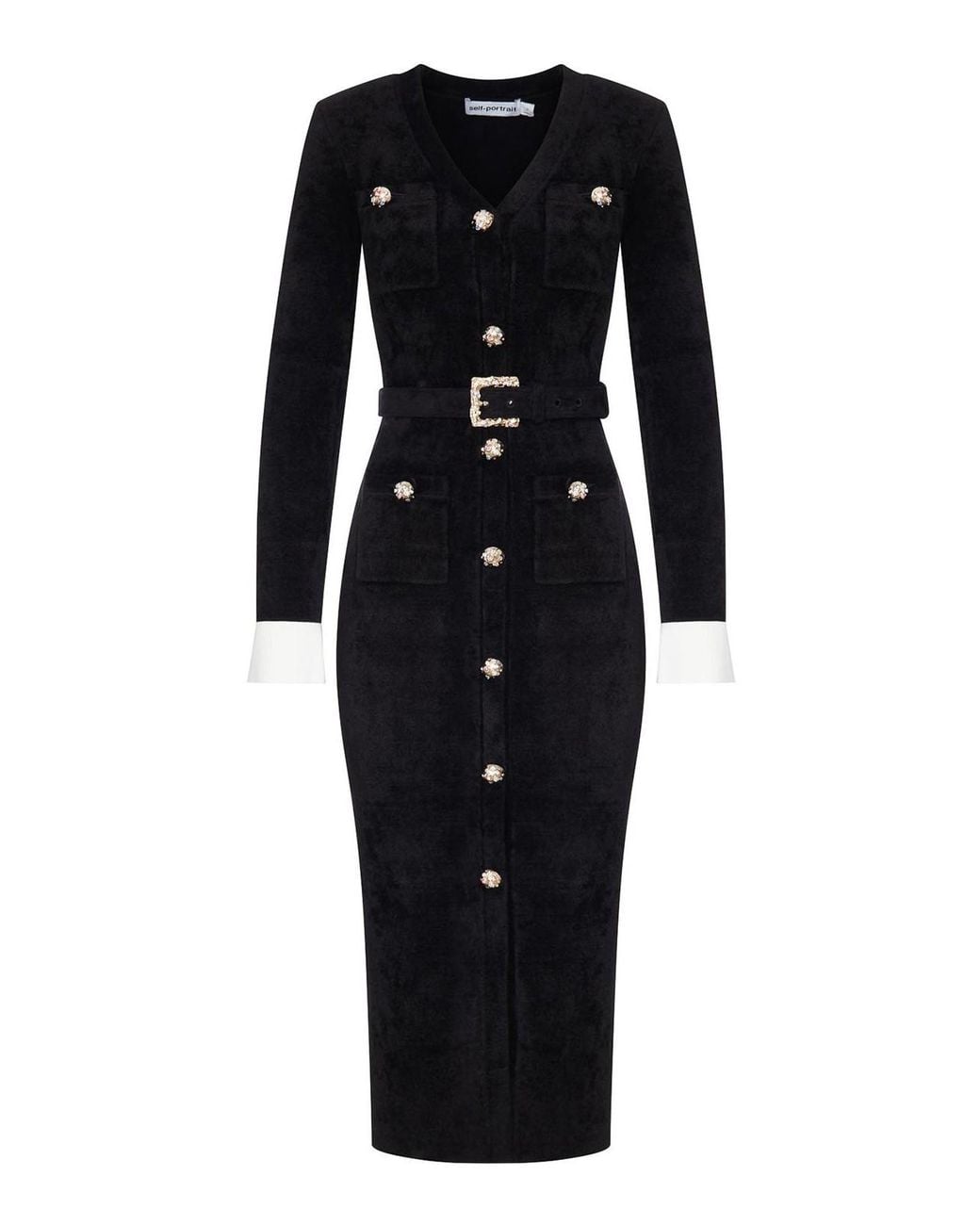 Self-Portrait Black Velvet Midi Dress With Jewel Buttons And Belt