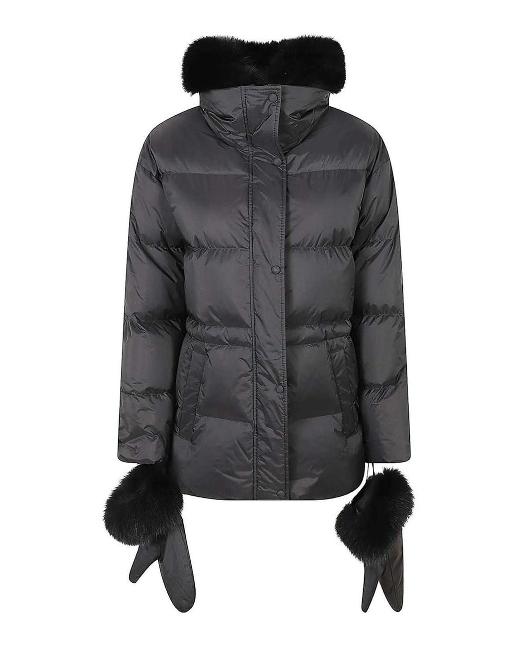 Yves Salomon Black Fur-Trim Down Jacket With Detachable Gloves