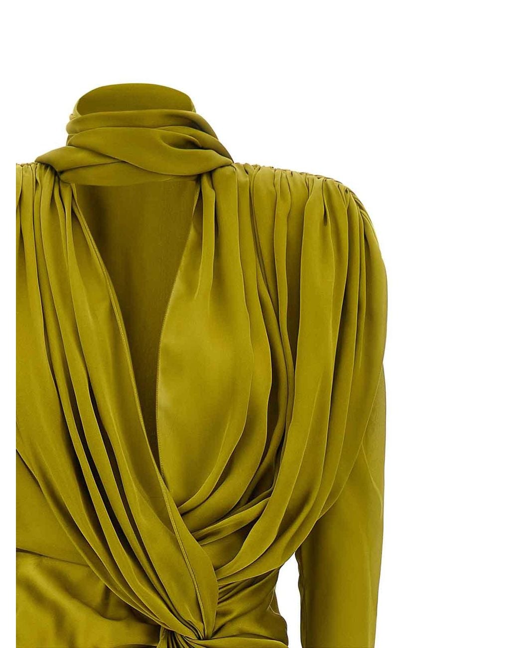 Balmain Green Draped Silk Dress With Knot