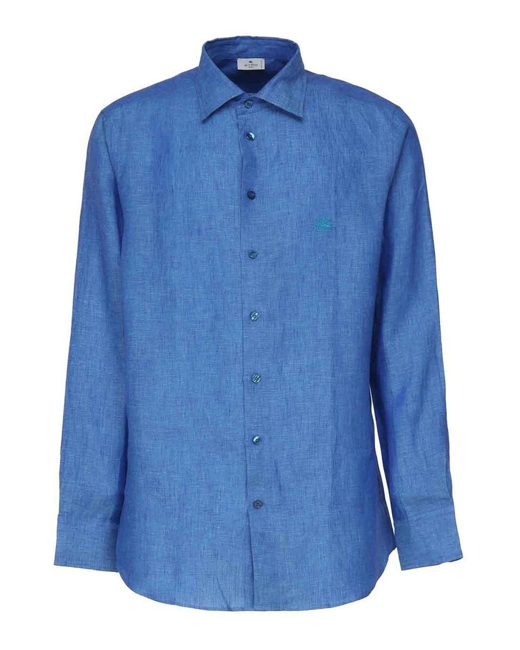 Etro Blue Linen Shirt With Logo for men