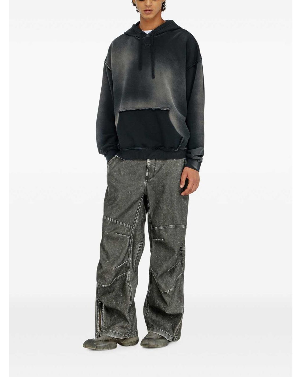 DIESEL Blue Faded Cotton Hoodie With Frayed Details for men