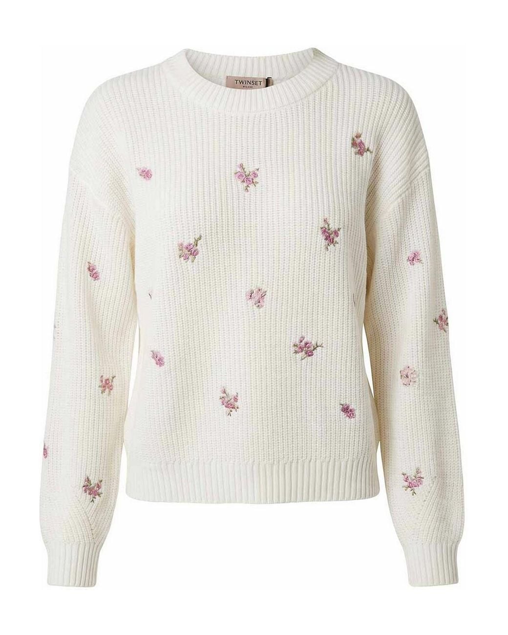 Twinset White Ribbed Sweater With Floral Embroidery