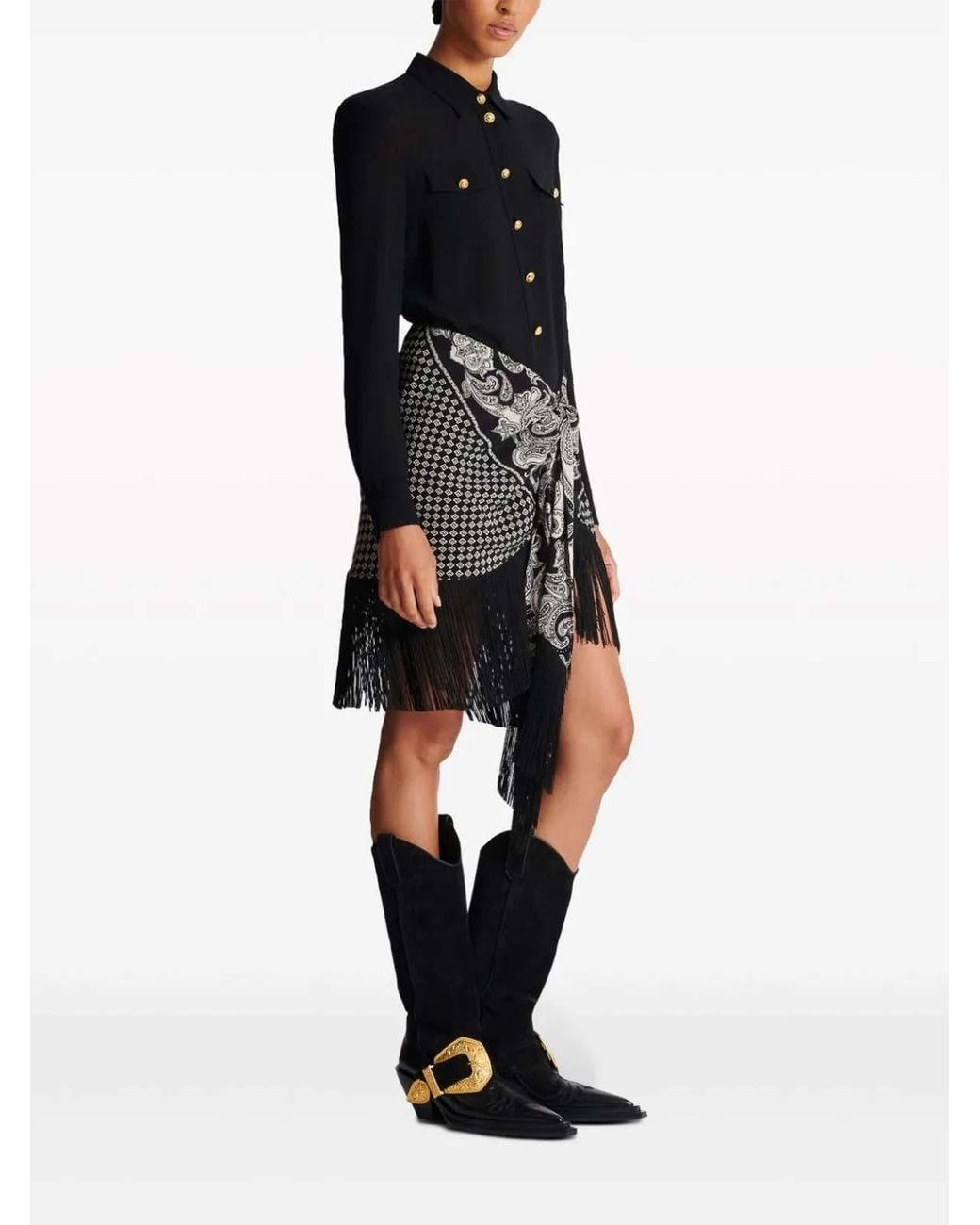 Balmain Black Fringed Silk Scarf Skirt