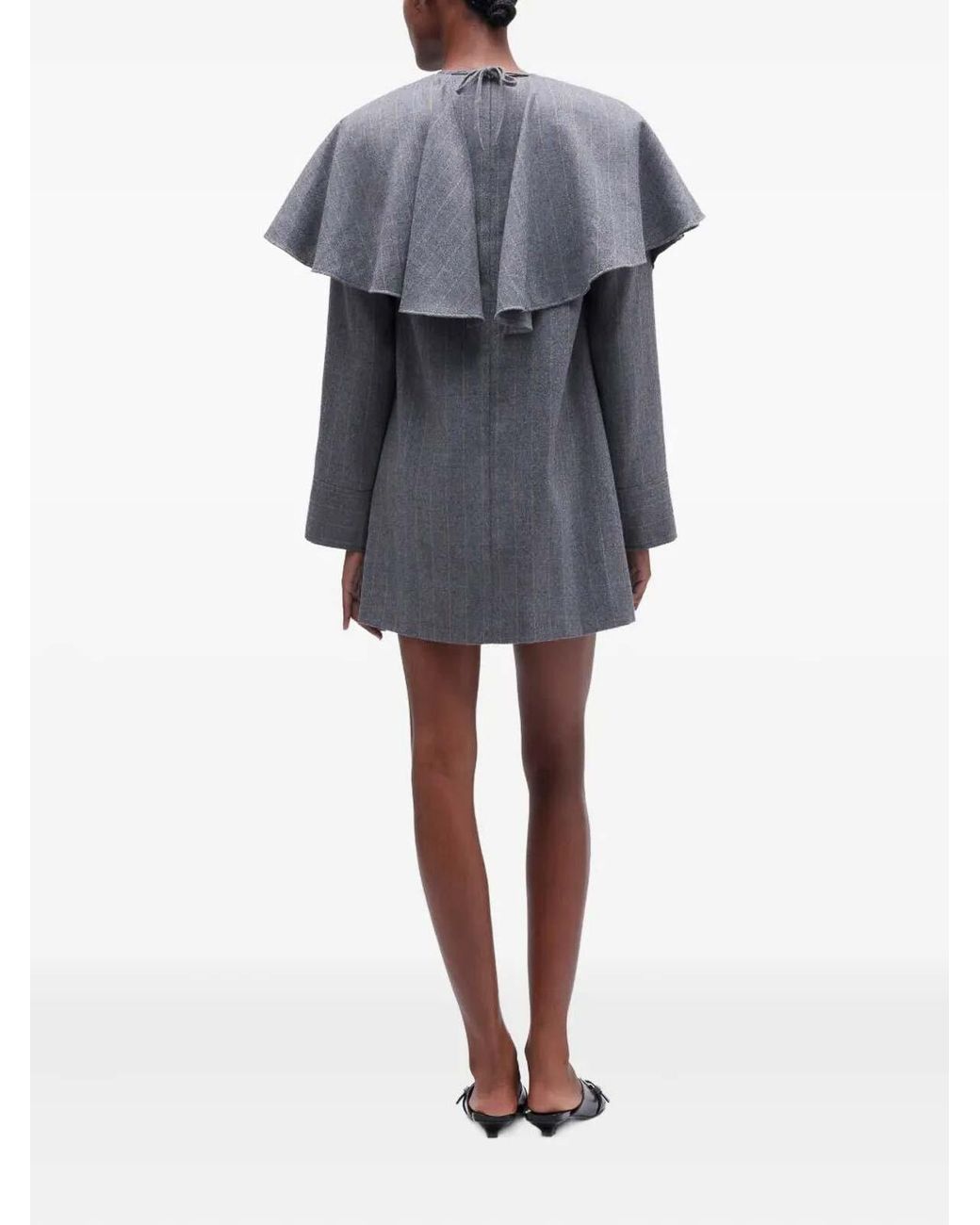 Ganni Gray Brushed Wool Stripe Circle Collar Mini Dress