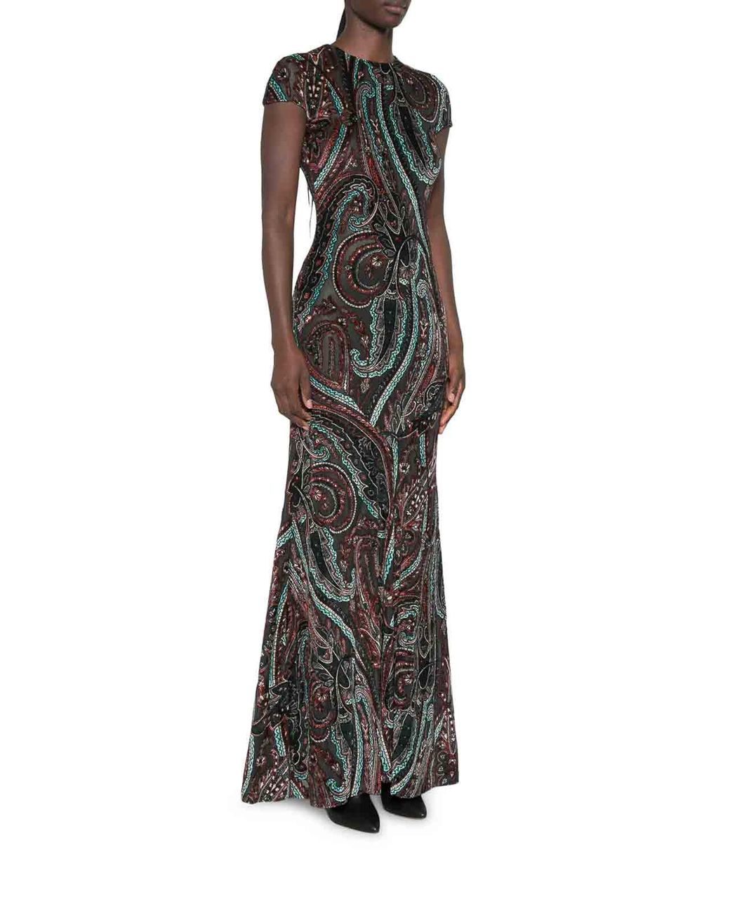 Etro White Long Paisley Print Dress With Short Sleeves