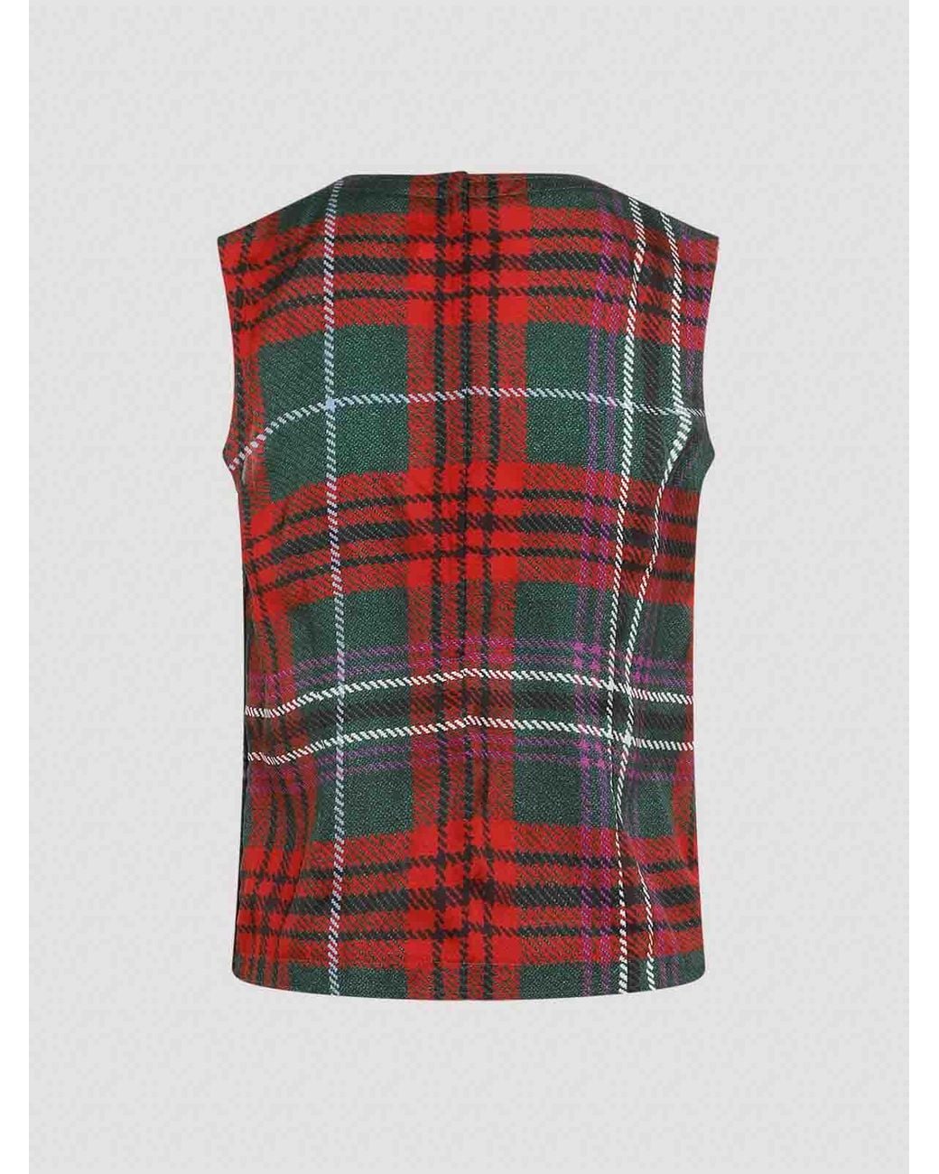 Comme des Garçons Red Pleated Tartan Sleeveless Top