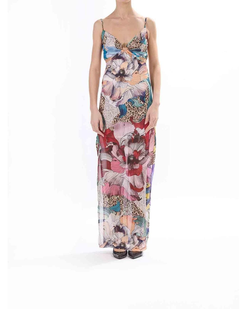 Just Cavalli White Long Element Dress Chiffon Print Flowers