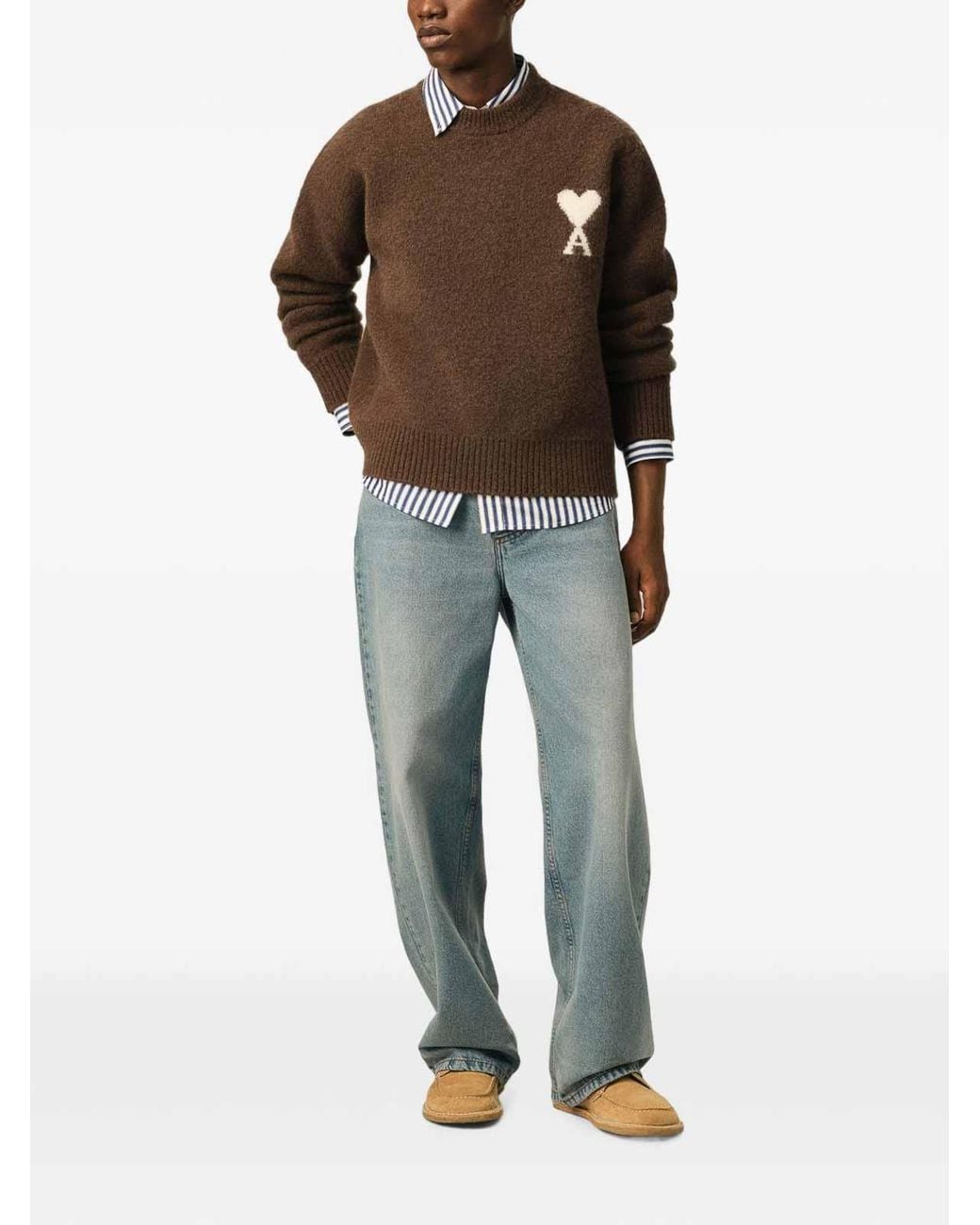 AMI Brown Ami De Coeur Wool Crewneck Sweater for men