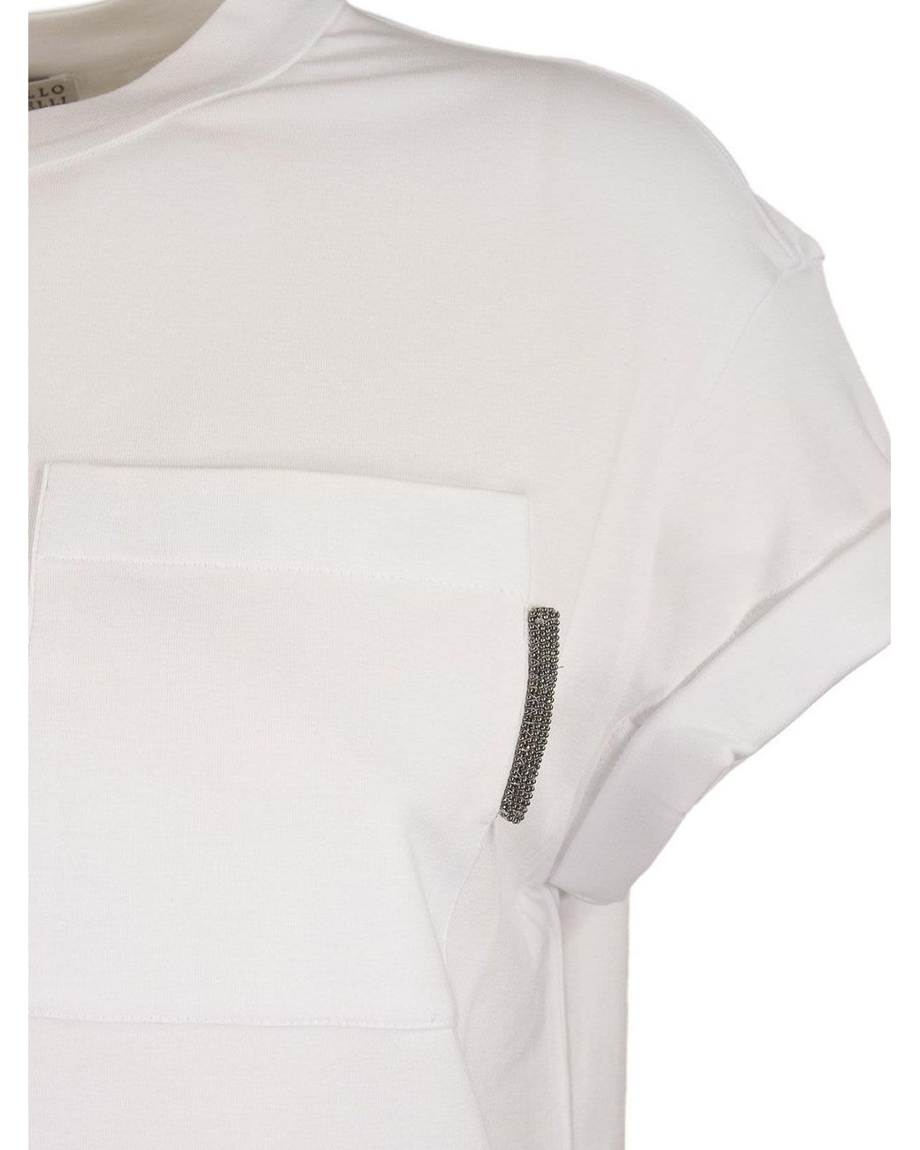 Brunello Cucinelli White Rhinestones Detailed Chest Pocket T-Shirt