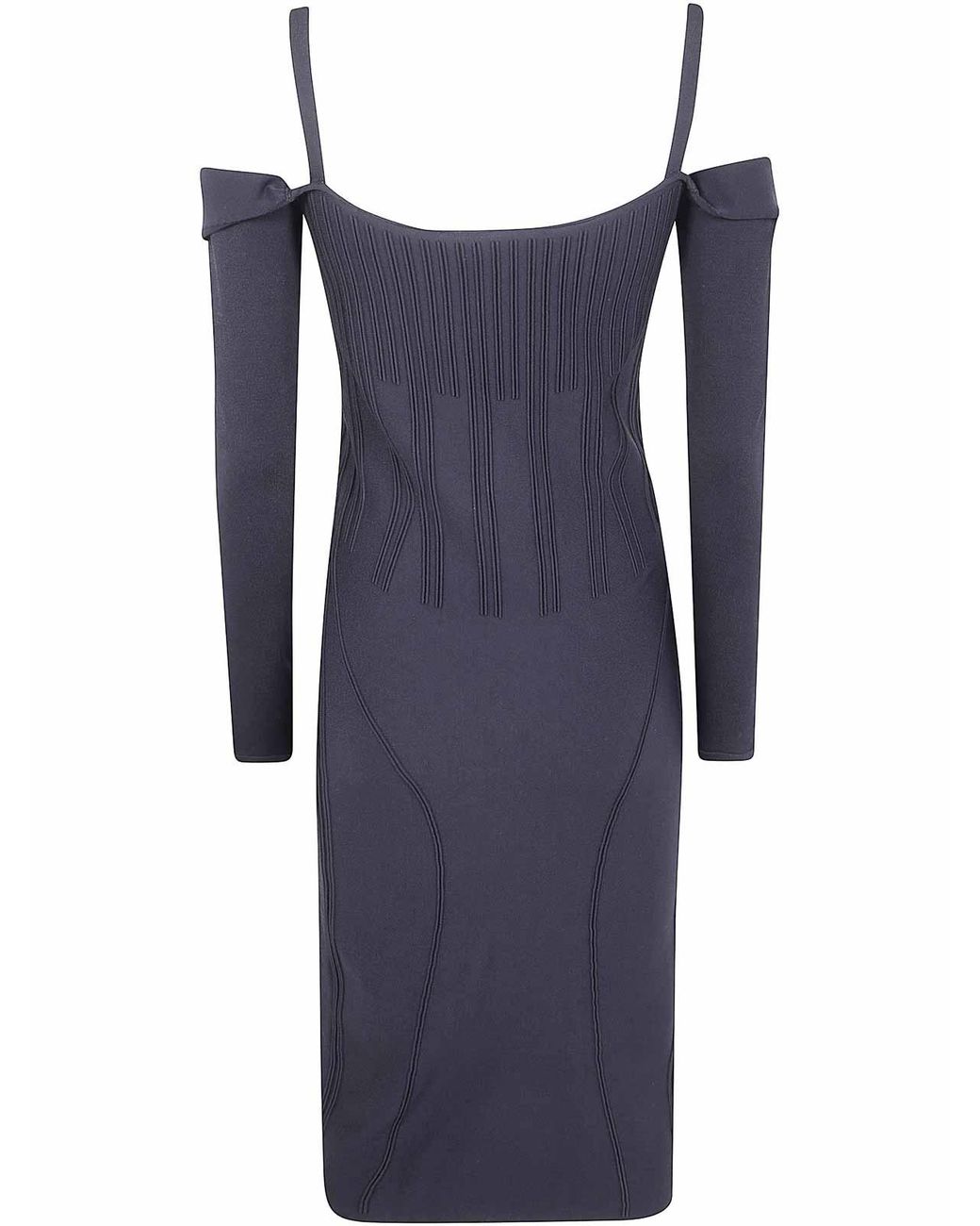 Mugler Black Ribbed Off-Shoulder Mini Dress