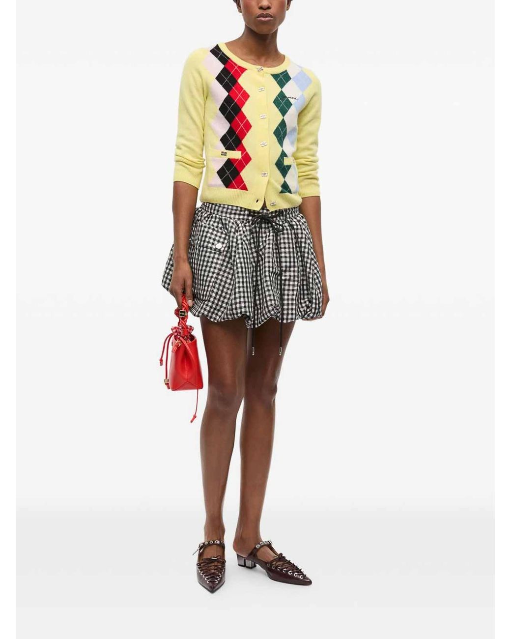 Ganni Yellow Long Sleeve Checkered Sweater With Button Closure