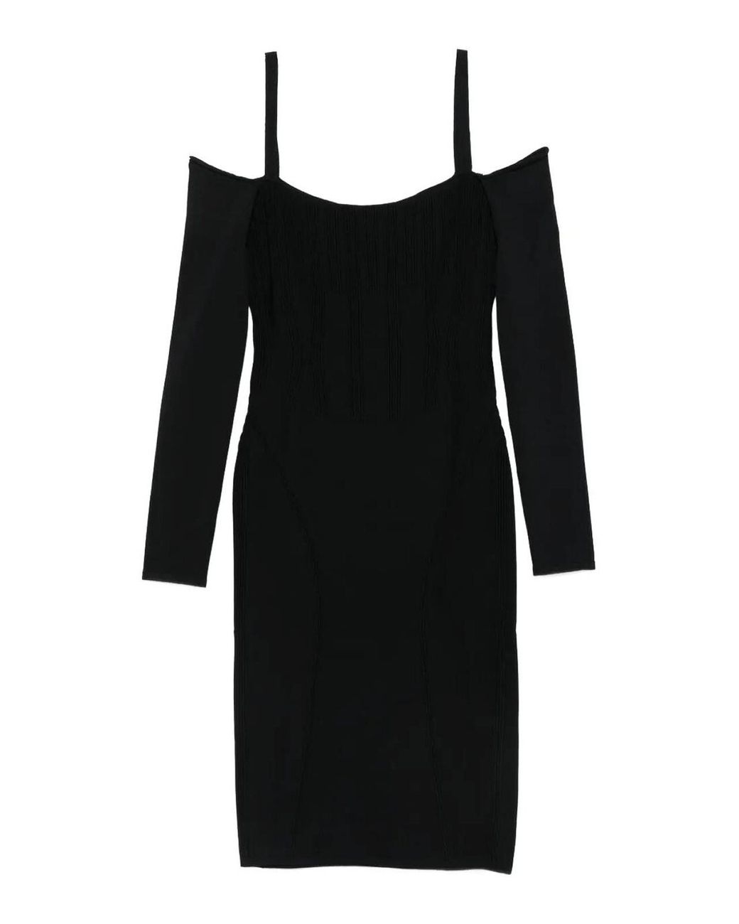 Mugler Black Ribbed Off-Shoulder Mini Dress