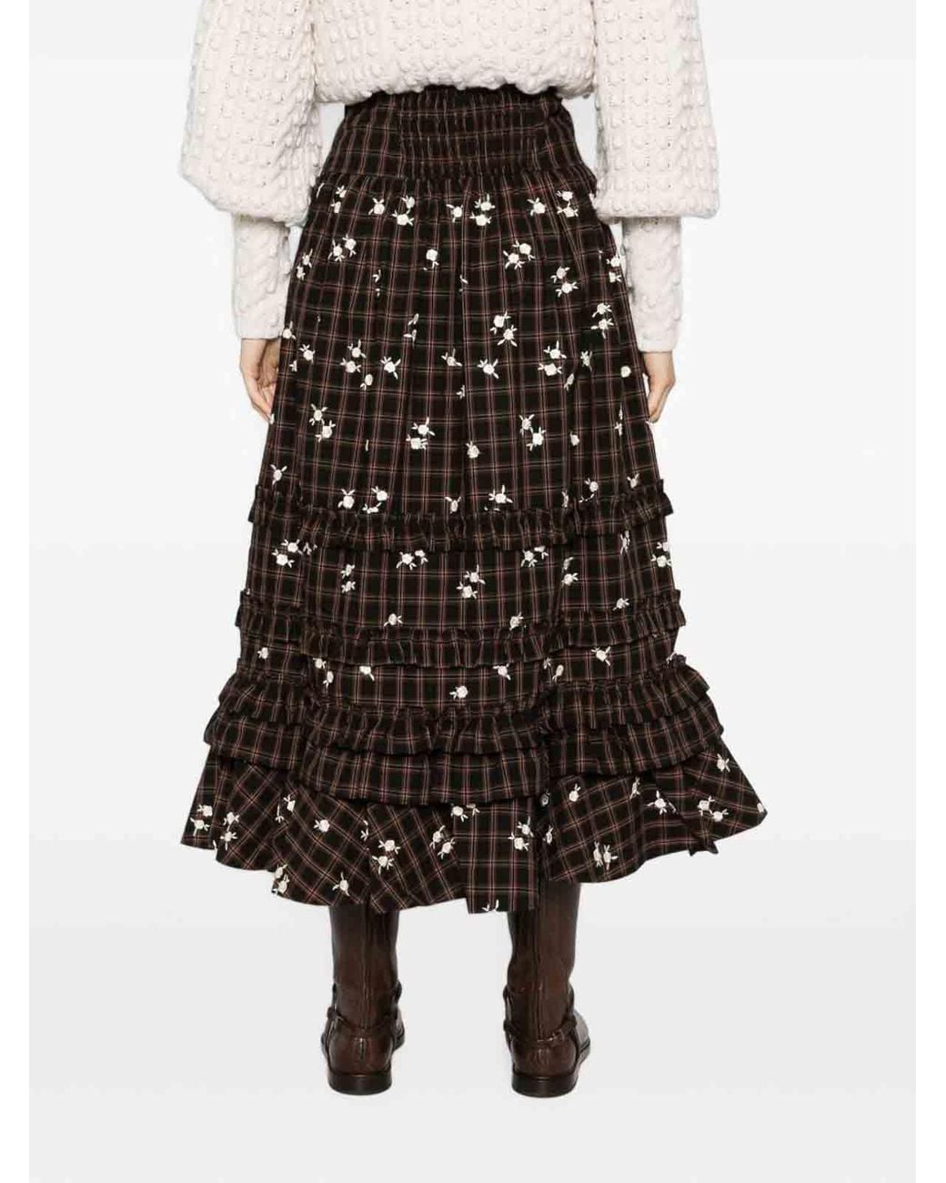 Ganni Black Checked Midi Skirt With Floral Embroidery