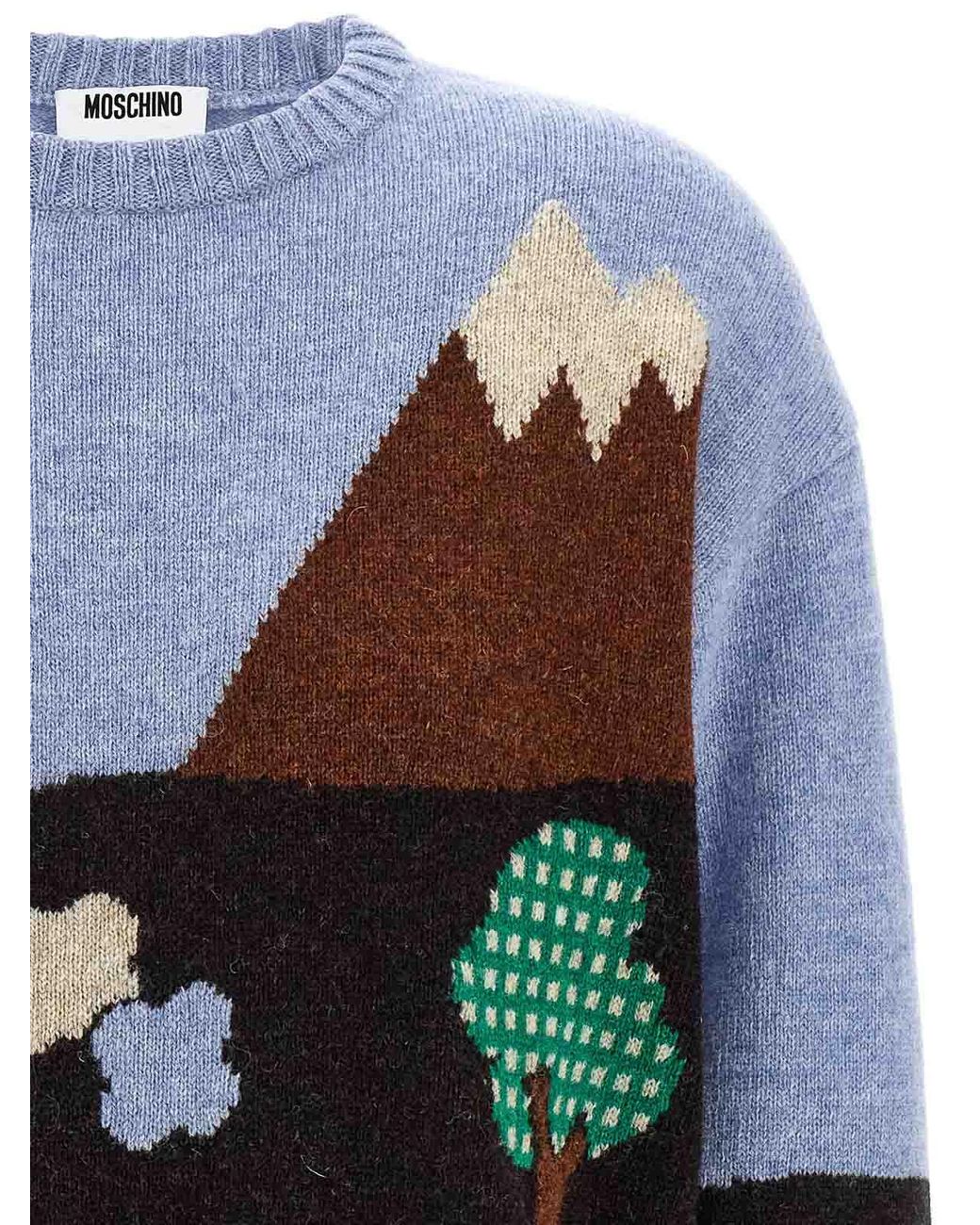 Moschino Blue Shetland Wool Sweater With Landscape Intarsia