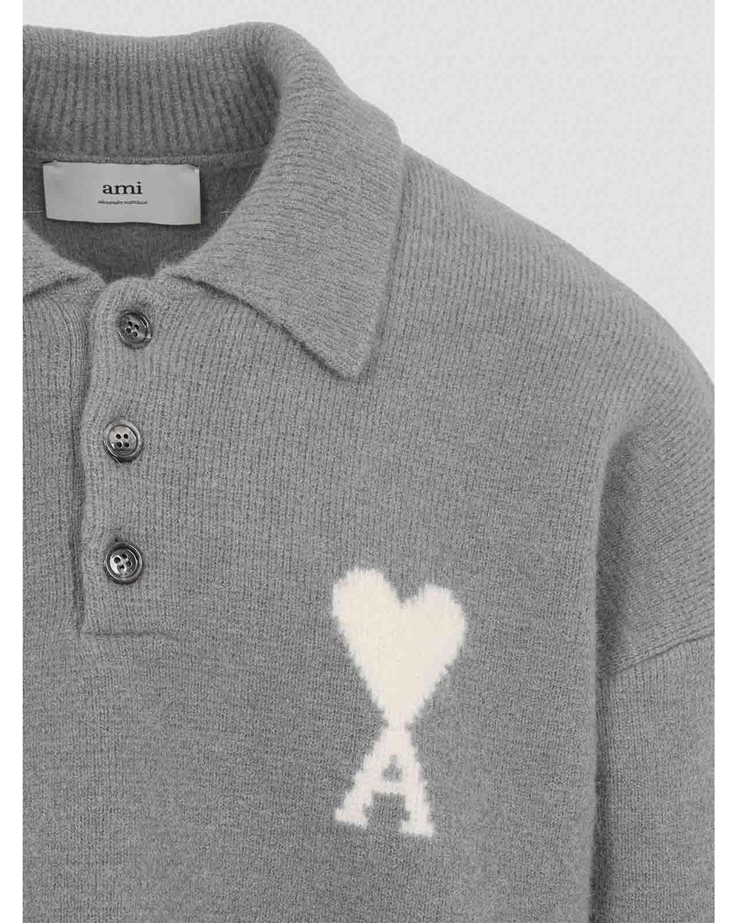 AMI Gray Ami De Coeur Wool Polo Shirt