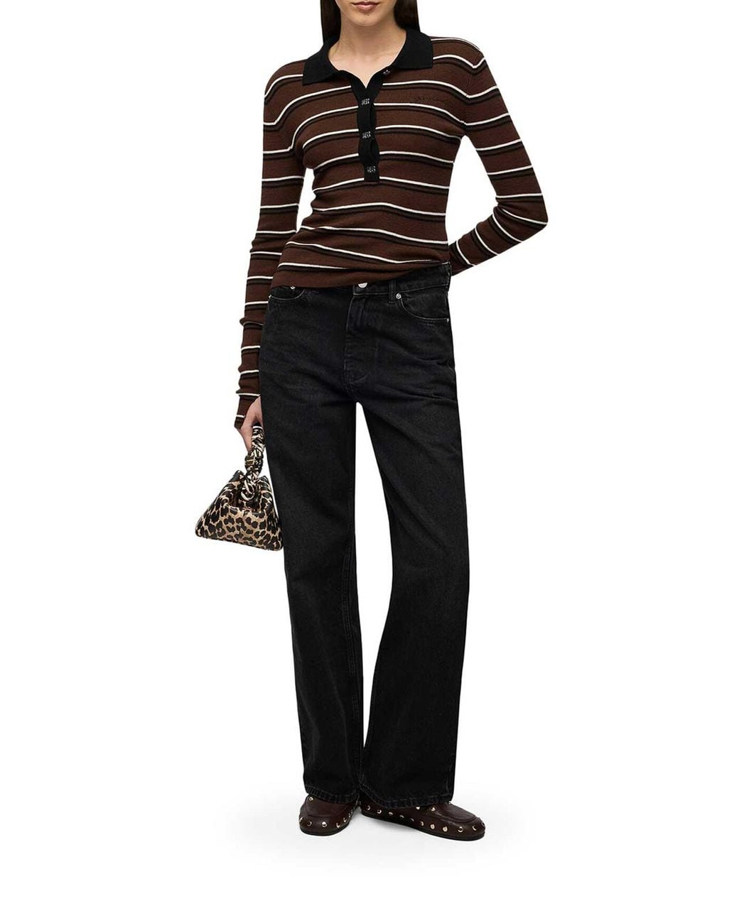 Ganni Black Striped Merino Wool Polo Shirt