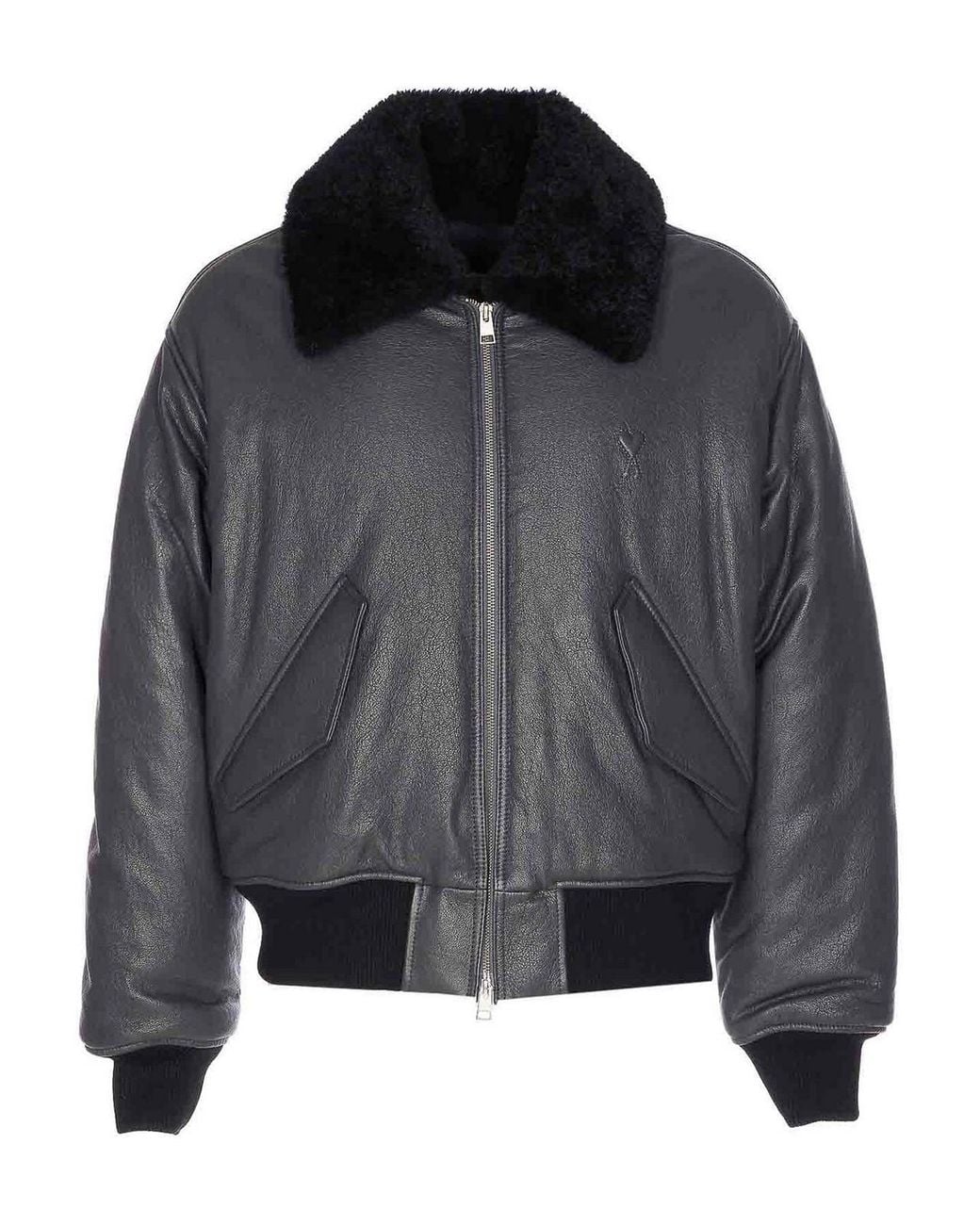 AMI Black Zip-Up Leather Bomber Jacket for men