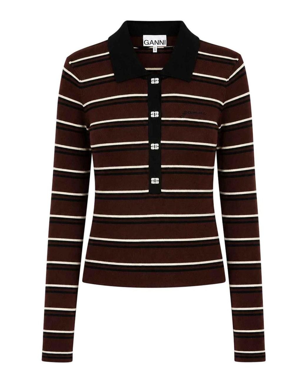 Ganni Black Striped Merino Wool Polo Shirt