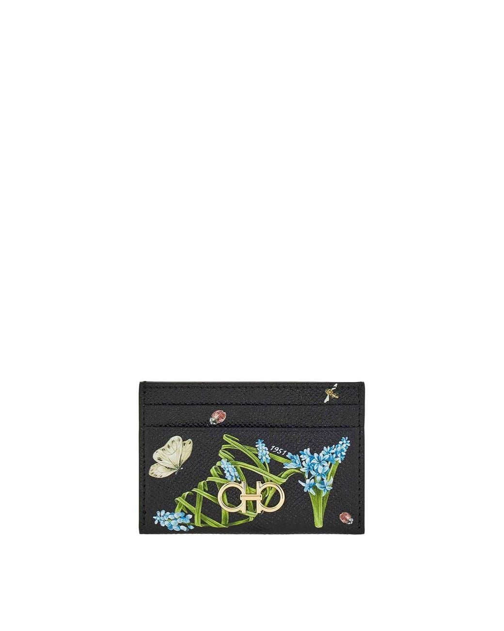 Ferragamo White Gancini Card Holder With Floral Print