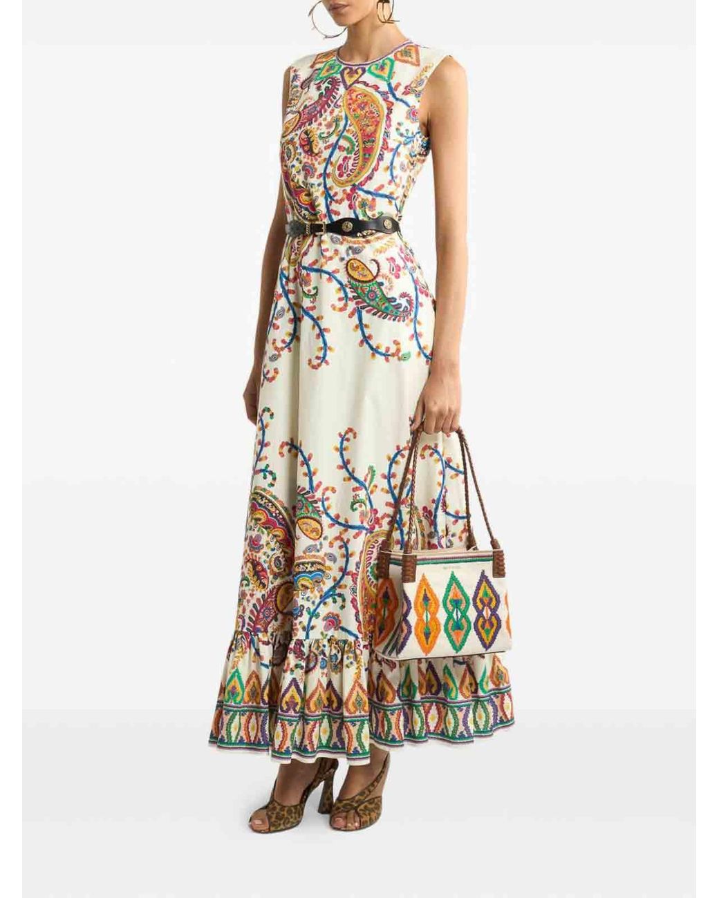 Etro Natural Long Cotton Dress With Floral Paisley Print