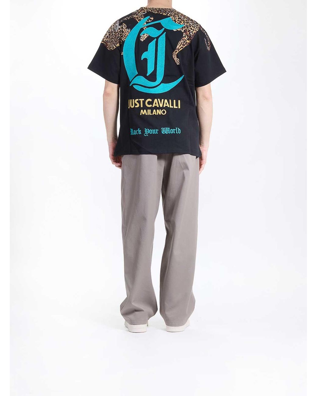 Just Cavalli Black Leopard Neck T-Shirt for men