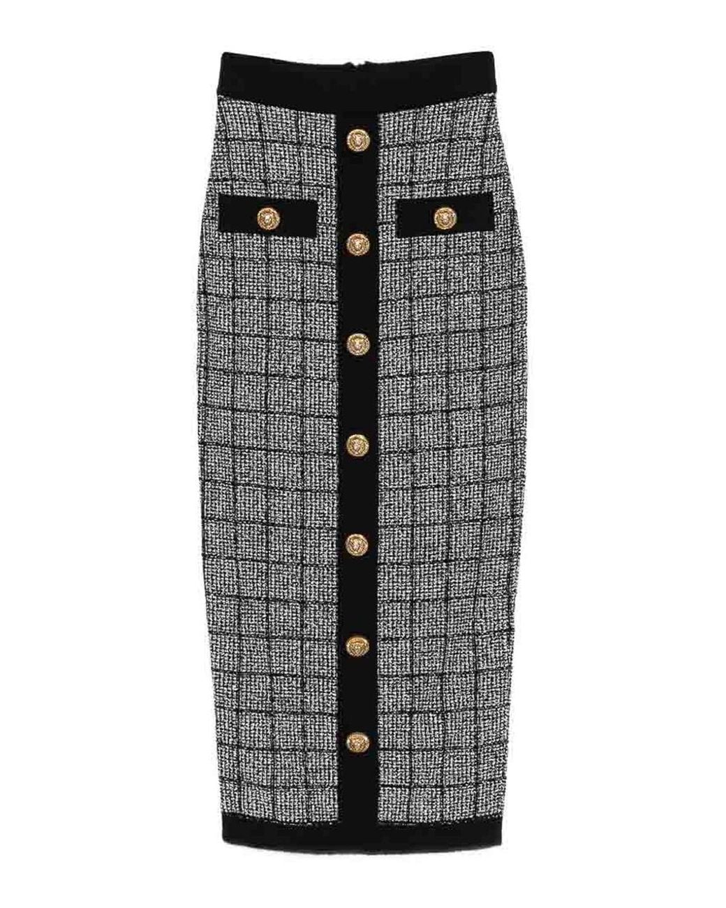 Balmain Gray Checked High-Rise Long Pencil Skirt